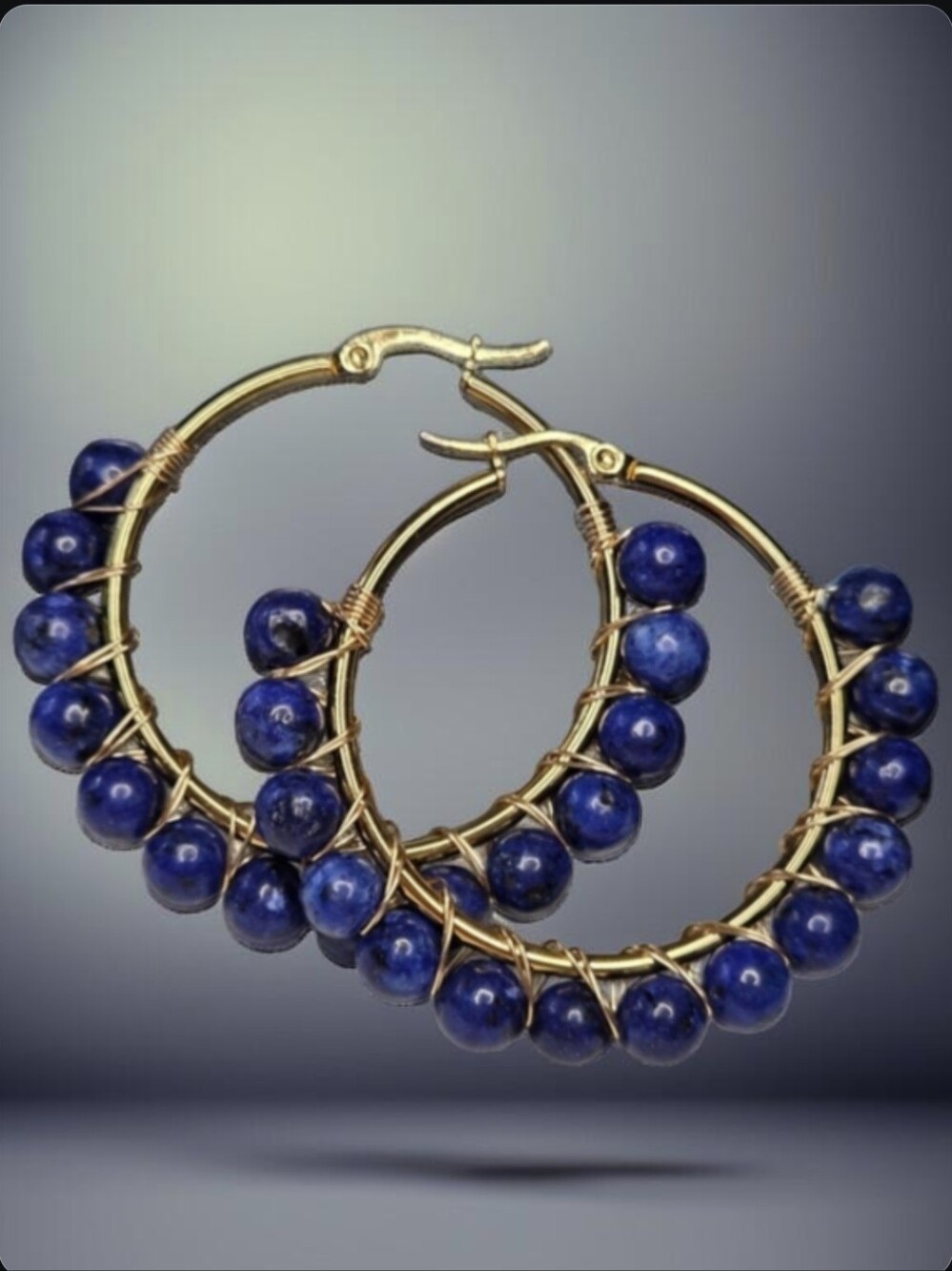 18k Gold Plated Genuine Lapis Lazuli Stone 2" Hoop Earrings